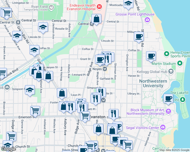 map of restaurants, bars, coffee shops, grocery stores, and more near 2145 Ridge Avenue in Evanston