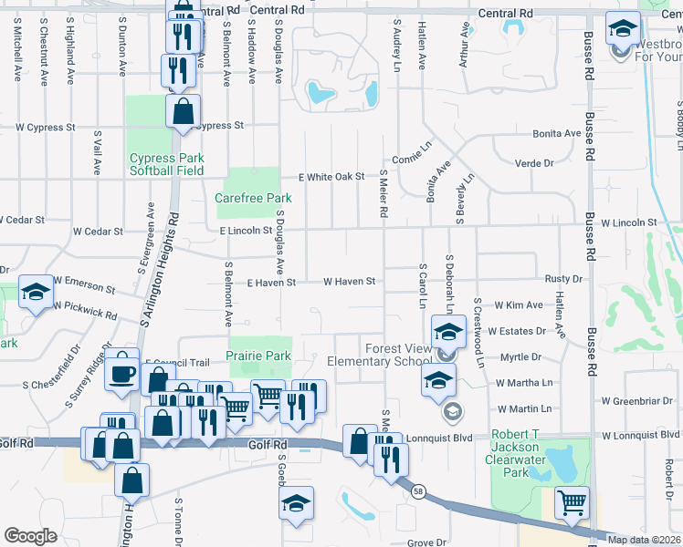 map of restaurants, bars, coffee shops, grocery stores, and more near 2113 West Haven Street in Mount Prospect