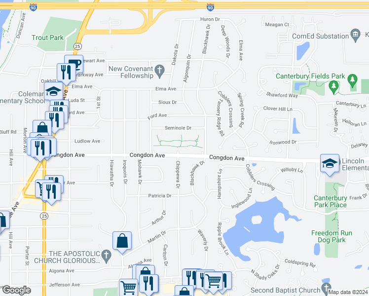 map of restaurants, bars, coffee shops, grocery stores, and more near 926 Congdon Avenue in Elgin