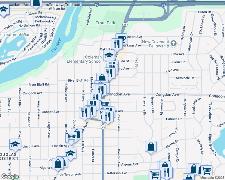map of restaurants, bars, coffee shops, grocery stores, and more near 634 Congdon Avenue in Elgin