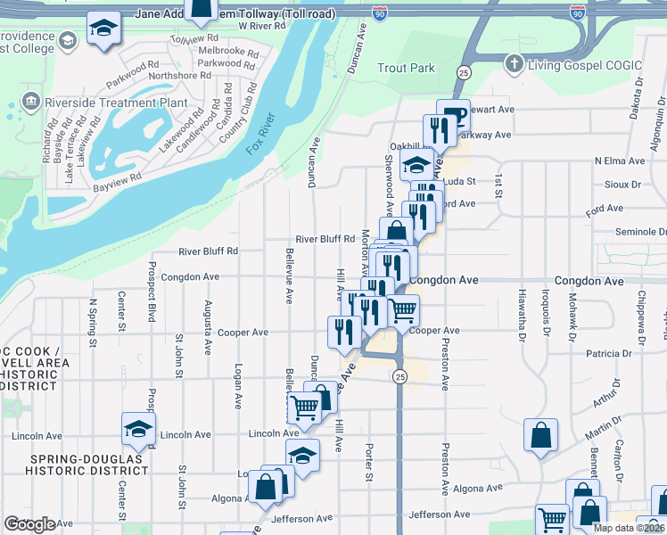 map of restaurants, bars, coffee shops, grocery stores, and more near 502 Congdon Avenue in Elgin