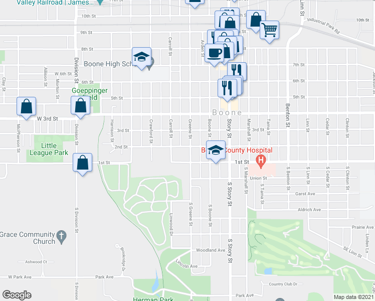 map of restaurants, bars, coffee shops, grocery stores, and more near 117 Greene Street in Boone
