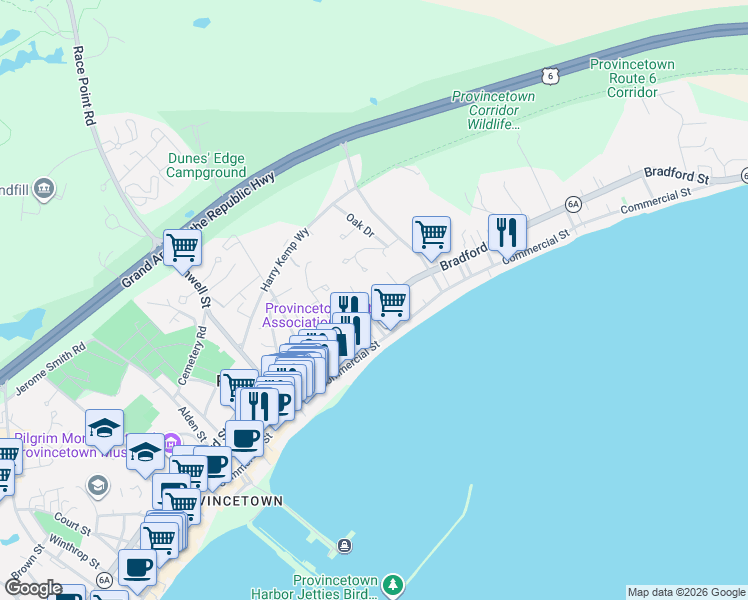 map of restaurants, bars, coffee shops, grocery stores, and more near 190 Bradford Street in Provincetown
