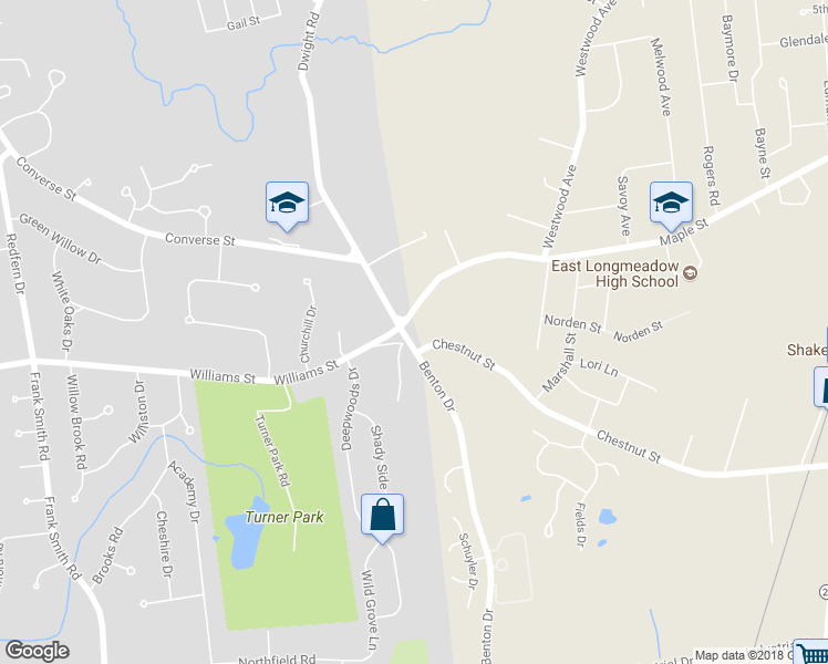 map of restaurants, bars, coffee shops, grocery stores, and more near 1107 Chestnut Street in East Longmeadow