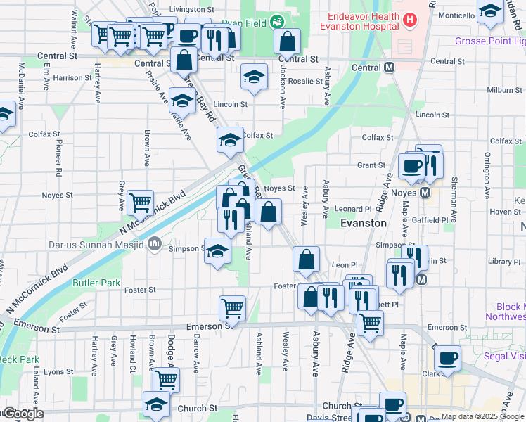 map of restaurants, bars, coffee shops, grocery stores, and more near 2148 Green Bay Road in Evanston