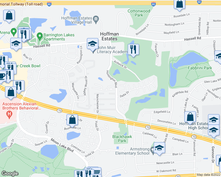 map of restaurants, bars, coffee shops, grocery stores, and more near 1704 Fayette Walk in Hoffman Estates