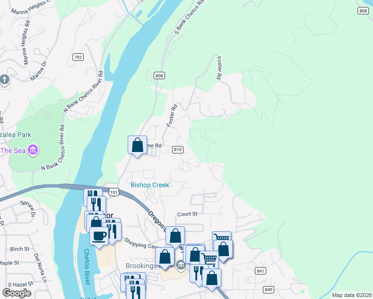 map of restaurants, bars, coffee shops, grocery stores, and more near 97925 Payne Road in Brookings