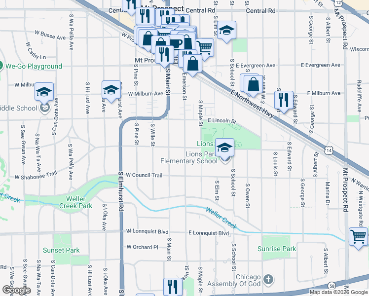 map of restaurants, bars, coffee shops, grocery stores, and more near 98 East Shabonee Trail in Mount Prospect