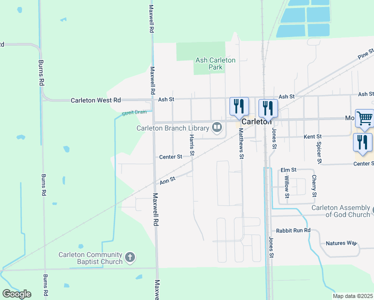 map of restaurants, bars, coffee shops, grocery stores, and more near 1709 Center Street in Carleton