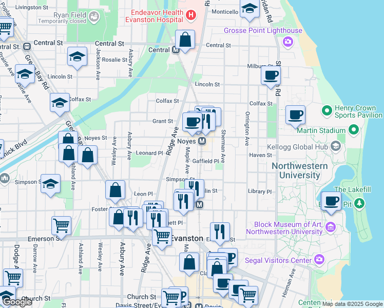 map of restaurants, bars, coffee shops, grocery stores, and more near 911 Gaffield Place in Evanston