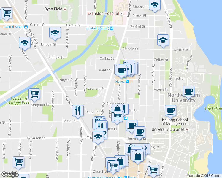 map of restaurants, bars, coffee shops, grocery stores, and more near 2145 Ridge Avenue in Evanston