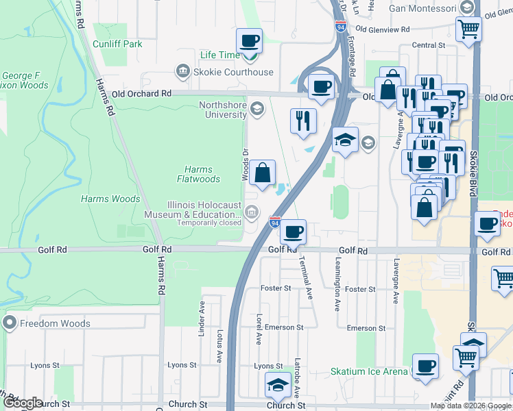 map of restaurants, bars, coffee shops, grocery stores, and more near 9655 Woods Drive in Skokie