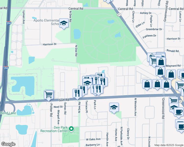 map of restaurants, bars, coffee shops, grocery stores, and more near 9118 Elmwood Drive in Niles