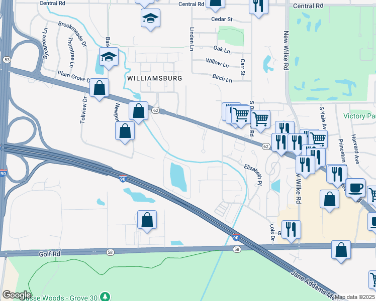 map of restaurants, bars, coffee shops, grocery stores, and more near 5350 Carriage Way Drive in Rolling Meadows