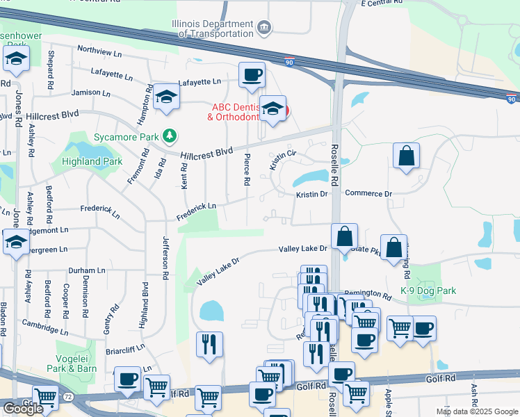 map of restaurants, bars, coffee shops, grocery stores, and more near 1635 Pierce Road in Hoffman Estates