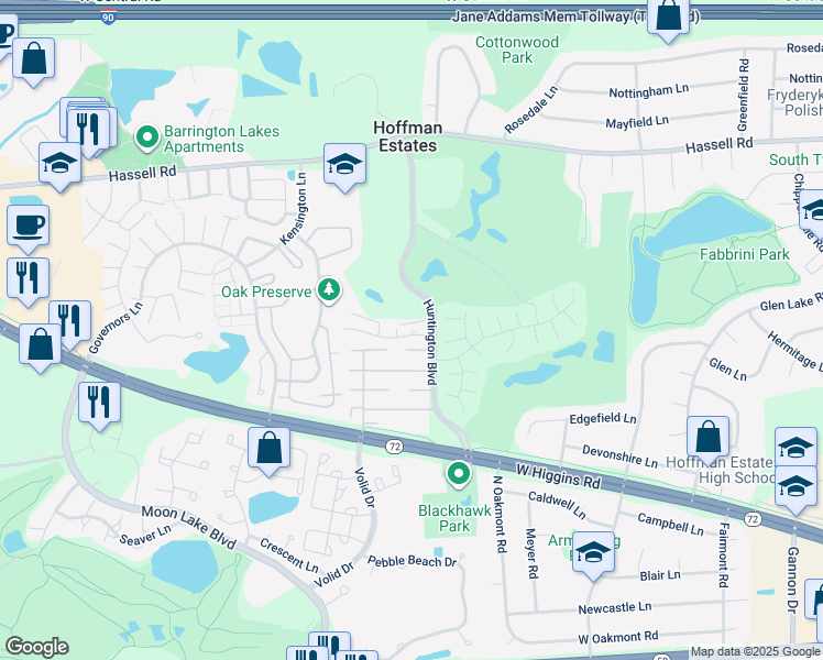 map of restaurants, bars, coffee shops, grocery stores, and more near 1704 Fayette Walk in Hoffman Estates