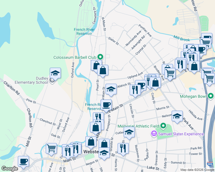map of restaurants, bars, coffee shops, grocery stores, and more near 10 Aldrich Street in Webster
