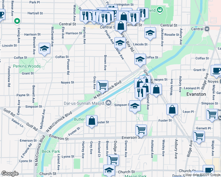 map of restaurants, bars, coffee shops, grocery stores, and more near 2148 Dodge Avenue in Evanston