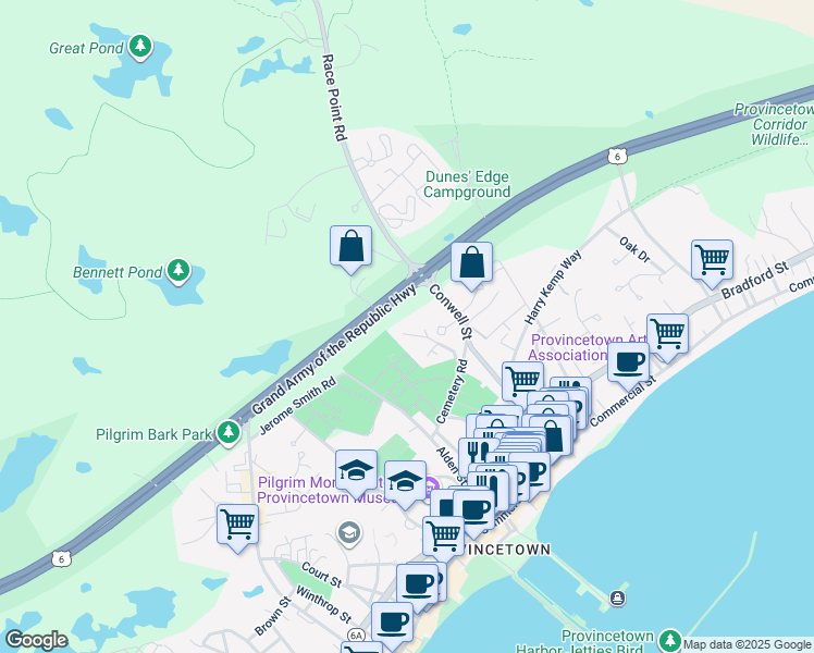 map of restaurants, bars, coffee shops, grocery stores, and more near 2 Heather's Way in Provincetown
