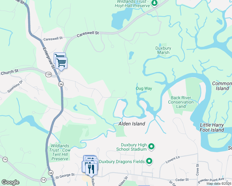 map of restaurants, bars, coffee shops, grocery stores, and more near 198 Duck Hill Road in Duxbury