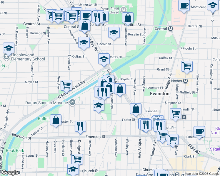map of restaurants, bars, coffee shops, grocery stores, and more near 1612 Payne Street in Evanston
