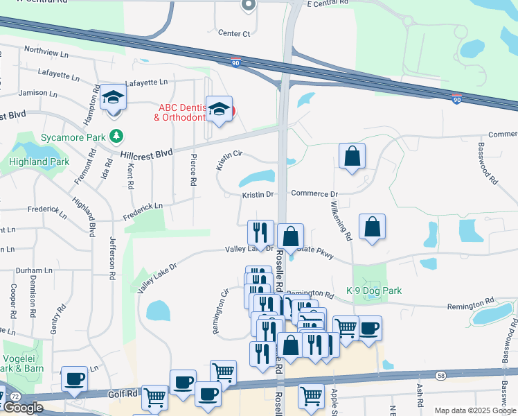 map of restaurants, bars, coffee shops, grocery stores, and more near 1650 White Oak Lane in Schaumburg