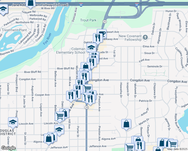 map of restaurants, bars, coffee shops, grocery stores, and more near 630 Congdon Avenue in Elgin