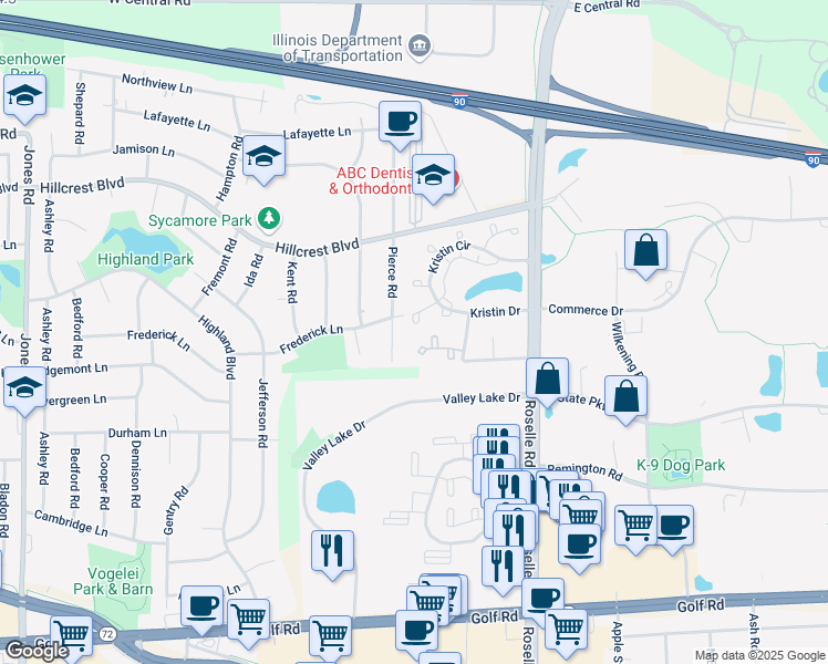 map of restaurants, bars, coffee shops, grocery stores, and more near 1635 Pierce Road in Hoffman Estates