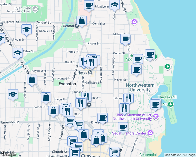 map of restaurants, bars, coffee shops, grocery stores, and more near 815 Gaffield Place in Evanston