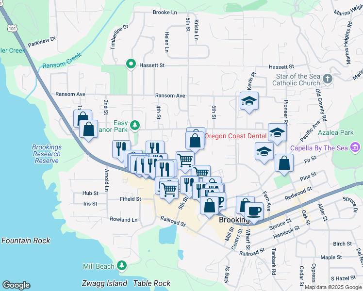 map of restaurants, bars, coffee shops, grocery stores, and more near 500 5th Street in Brookings