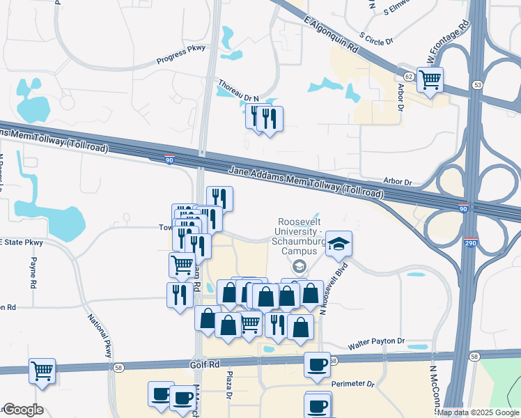 map of restaurants, bars, coffee shops, grocery stores, and more near 1550 McConnor Pkwy in Schaumburg