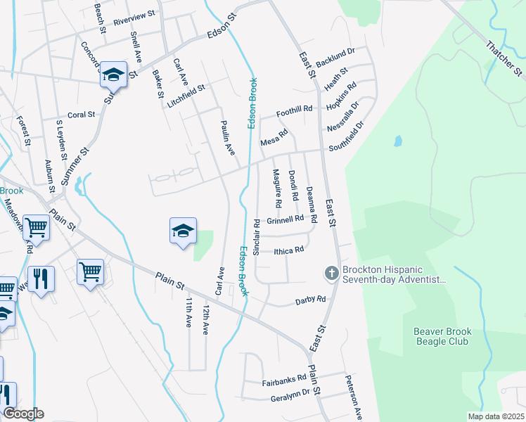 map of restaurants, bars, coffee shops, grocery stores, and more near 170 Sinclair Road in Brockton