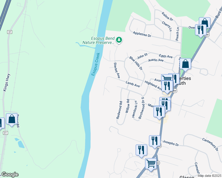 map of restaurants, bars, coffee shops, grocery stores, and more near 4 Skyline Drive in Saugerties