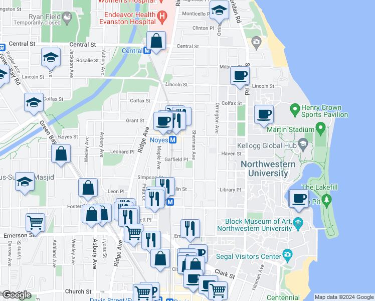 map of restaurants, bars, coffee shops, grocery stores, and more near 815 Gaffield Place in Evanston