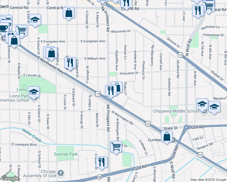 map of restaurants, bars, coffee shops, grocery stores, and more near 20 East Northwest Highway in Des Plaines