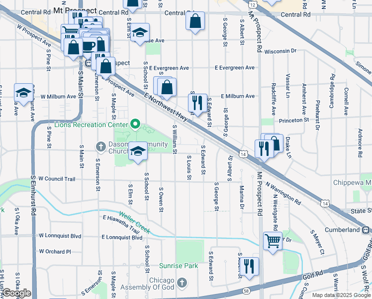 map of restaurants, bars, coffee shops, grocery stores, and more near 503 South Louis Street in Mount Prospect