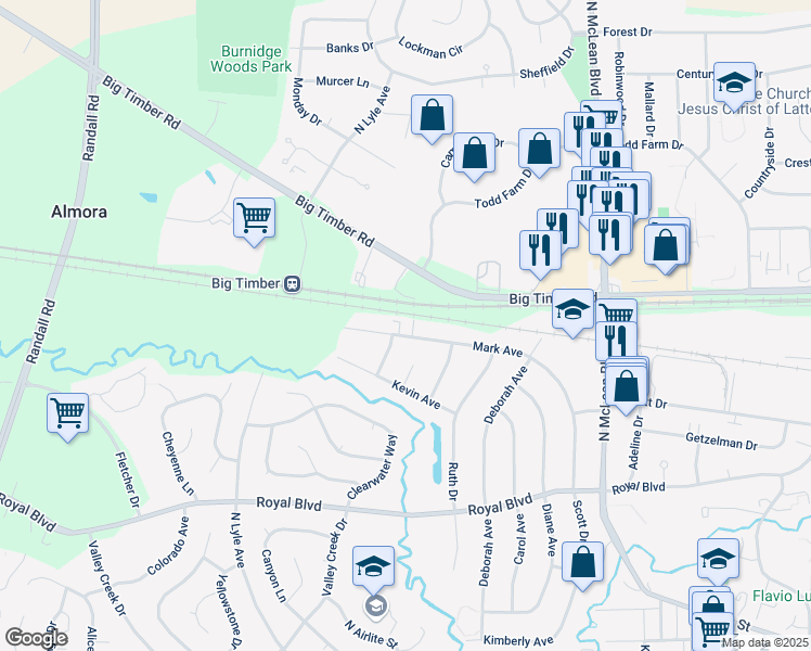 map of restaurants, bars, coffee shops, grocery stores, and more near 1837 Mark Avenue in Elgin