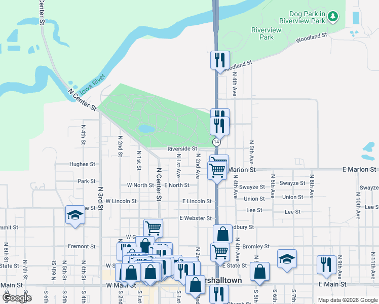 map of restaurants, bars, coffee shops, grocery stores, and more near 600-698 N 2nd Ave in Marshalltown