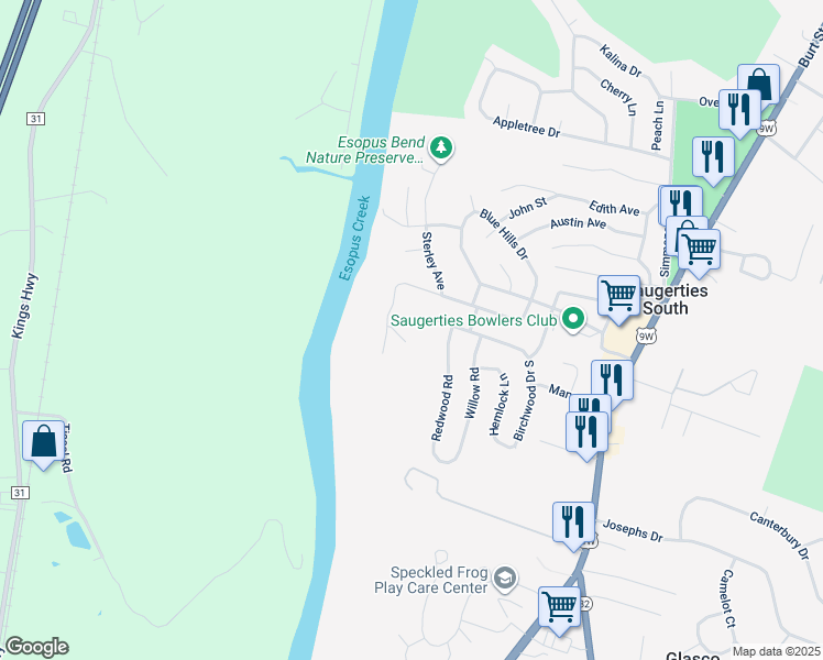 map of restaurants, bars, coffee shops, grocery stores, and more near 4 Skyline Drive in Saugerties