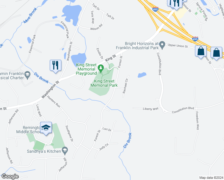 map of restaurants, bars, coffee shops, grocery stores, and more near 54 Forest Street in Franklin