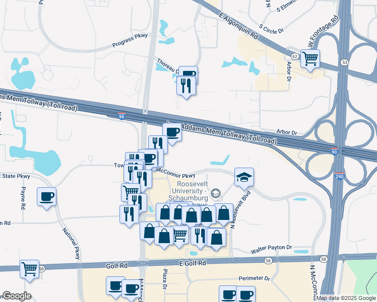 map of restaurants, bars, coffee shops, grocery stores, and more near 1600 McConnor Parkway in Schaumburg