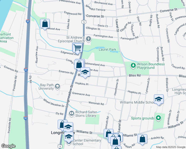 map of restaurants, bars, coffee shops, grocery stores, and more near 83 Bliss Road in Longmeadow