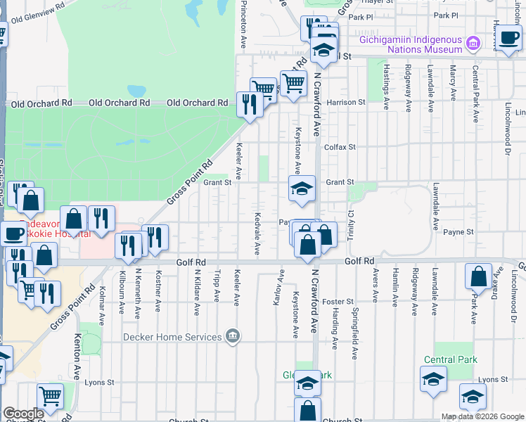 map of restaurants, bars, coffee shops, grocery stores, and more near 9715 Kedvale Avenue in Skokie