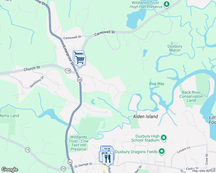 map of restaurants, bars, coffee shops, grocery stores, and more near 121 Duck Hill Road in Duxbury