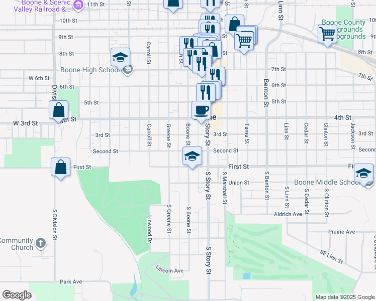 map of restaurants, bars, coffee shops, grocery stores, and more near 199 Boone Street in Boone