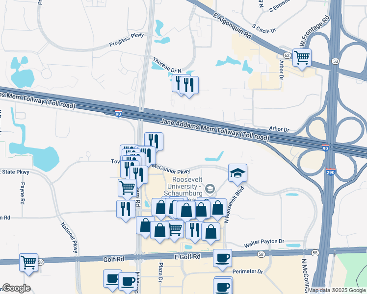 map of restaurants, bars, coffee shops, grocery stores, and more near 1600 McConnor Parkway in Schaumburg