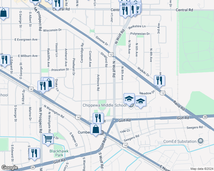 map of restaurants, bars, coffee shops, grocery stores, and more near 250 Stratford Road in Des Plaines