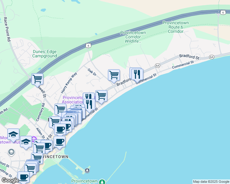 map of restaurants, bars, coffee shops, grocery stores, and more near 493 Commercial Street in Provincetown