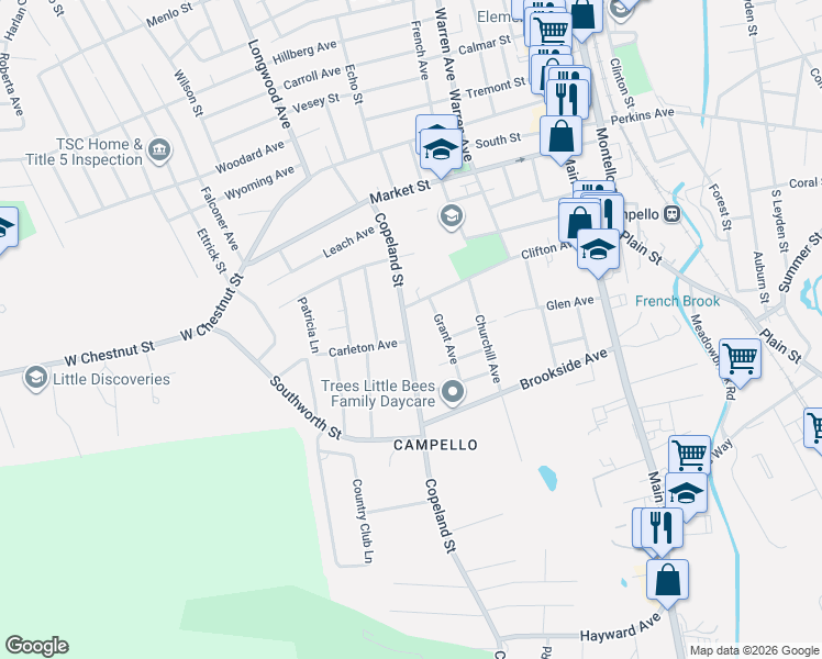 map of restaurants, bars, coffee shops, grocery stores, and more near 12 Carleton Avenue in Brockton