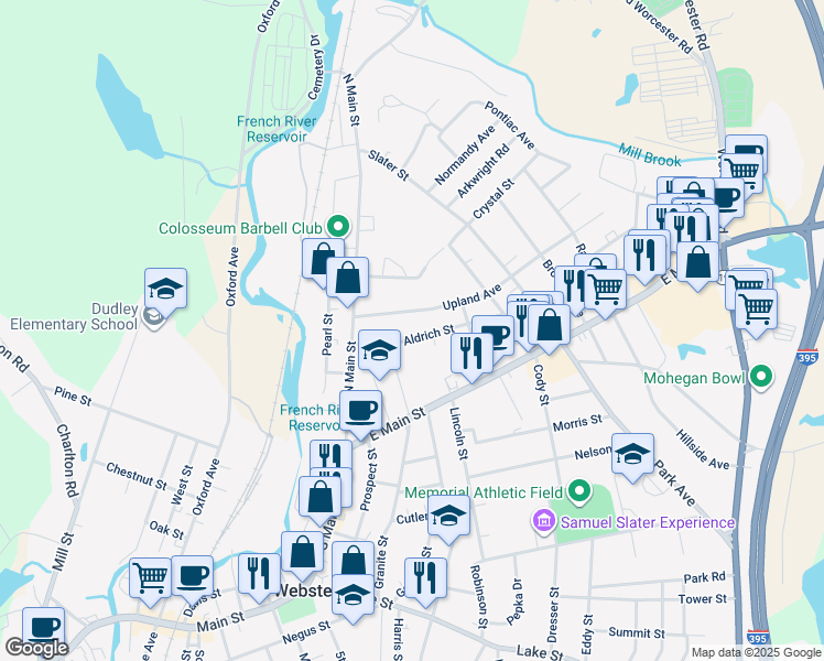 map of restaurants, bars, coffee shops, grocery stores, and more near 22 Aldrich Street in Webster